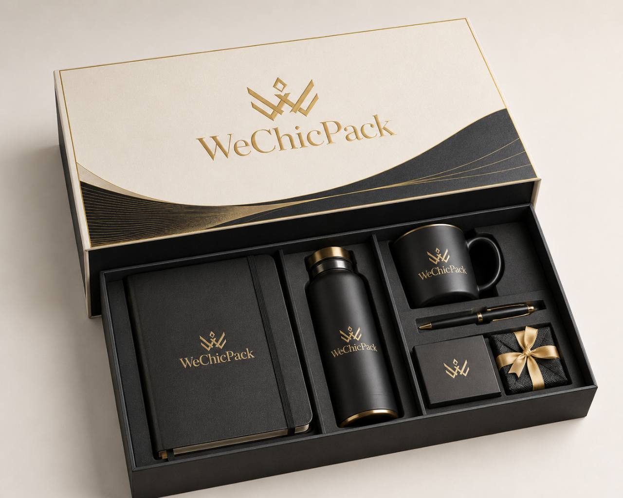 Corporate gift campaign box with notebook bottle mug pen and branded inserts