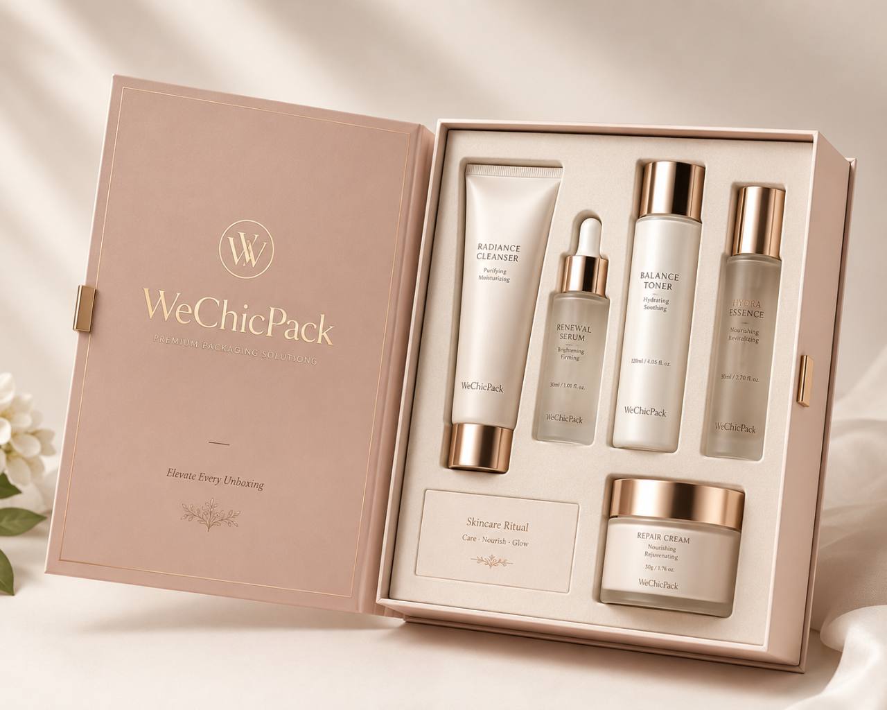 Cosmetic skincare set box with bottles and jars arranged in a custom insert