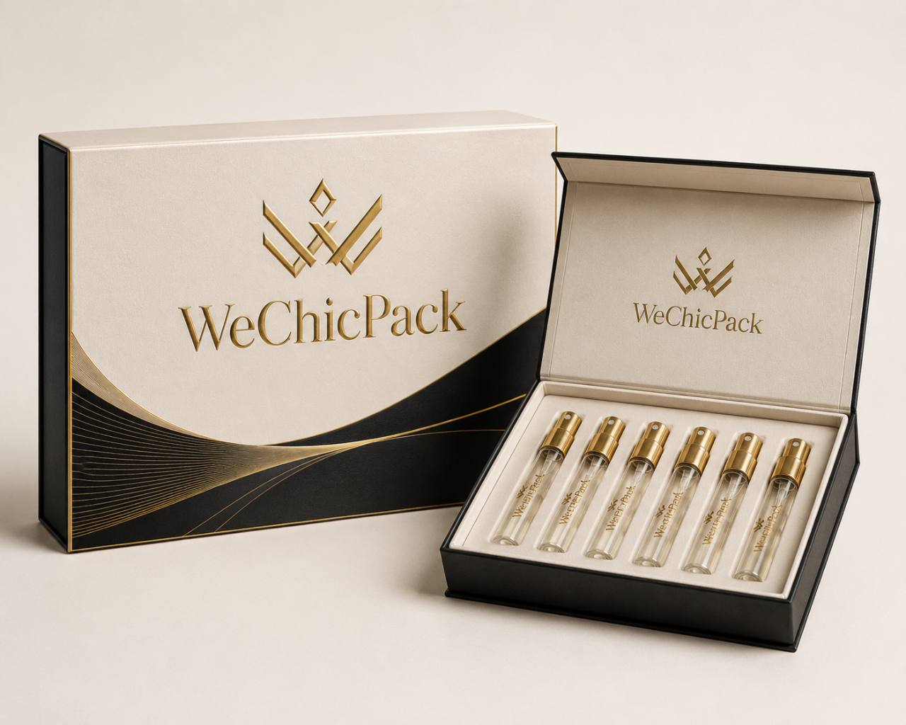 Perfume discovery set packaging with small sample bottles in a rigid box