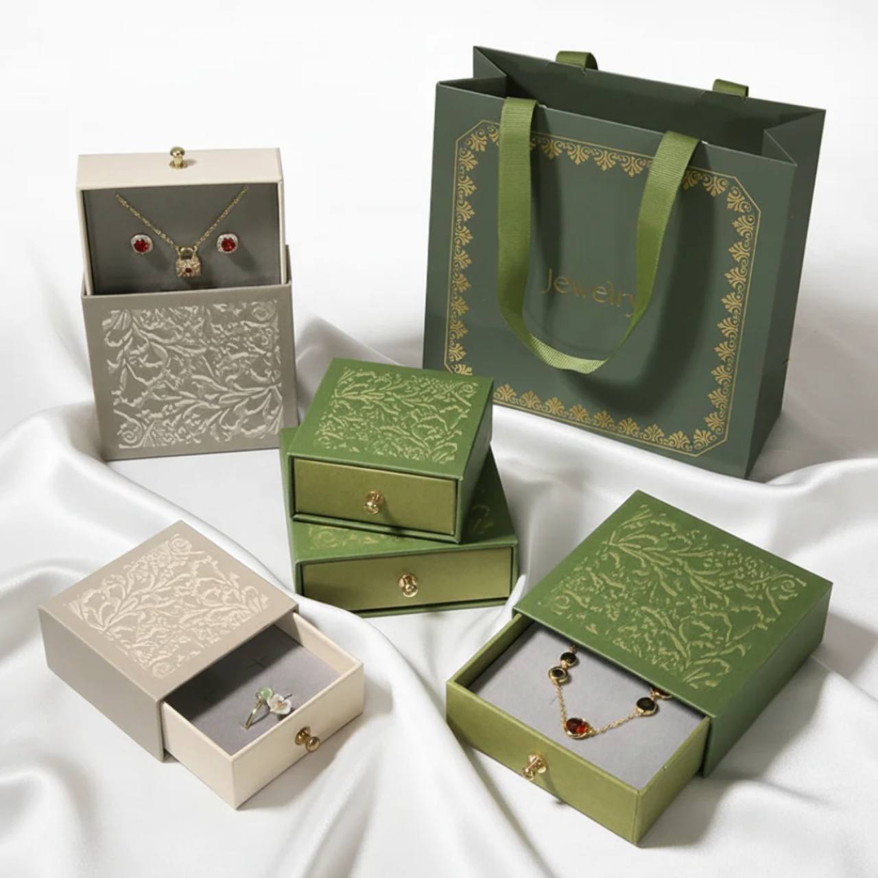 Jewelry drawer boxes and branded paper bag for necklace and earrings packaging