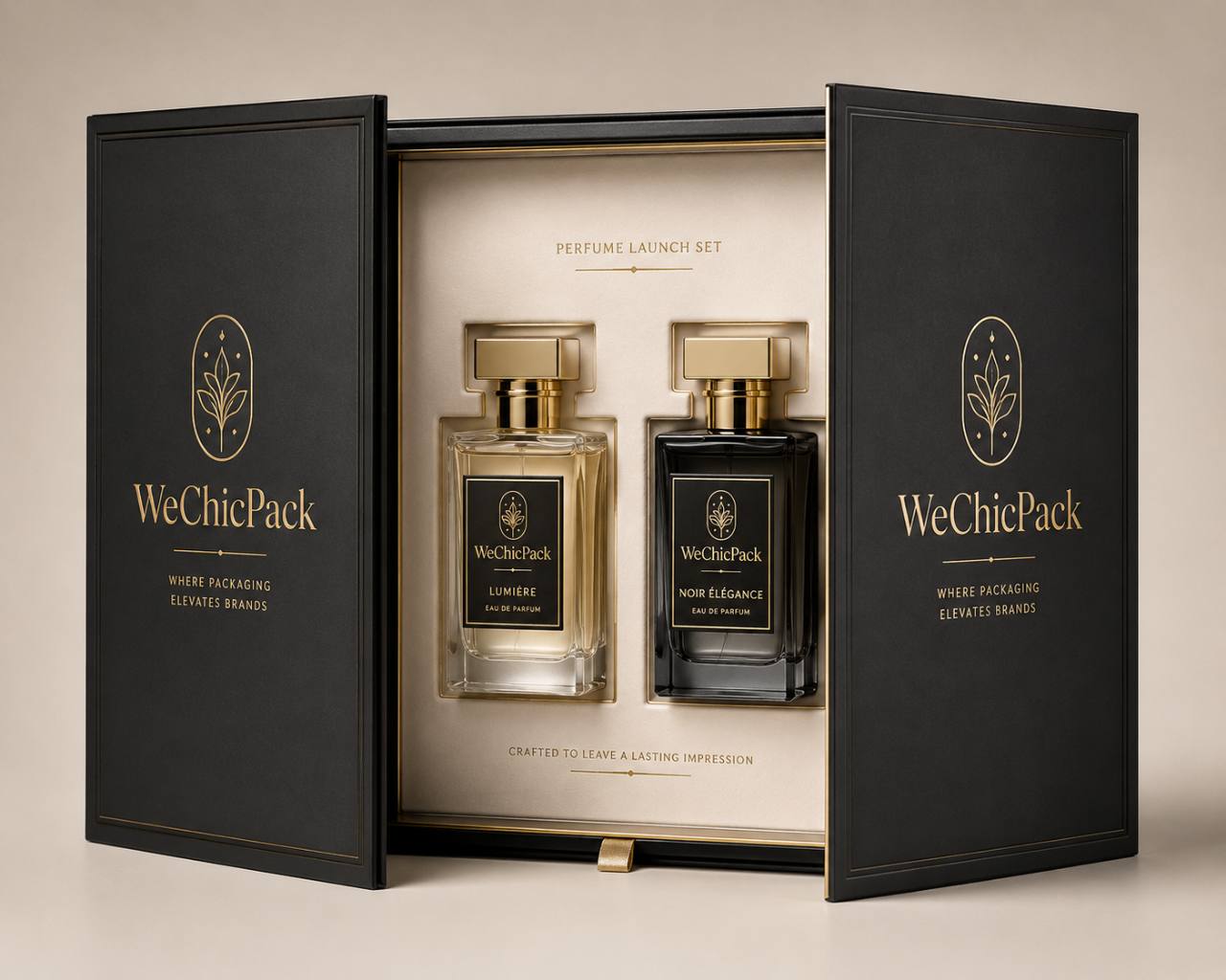 Premium perfume launch gift set with two bottles in a custom rigid box