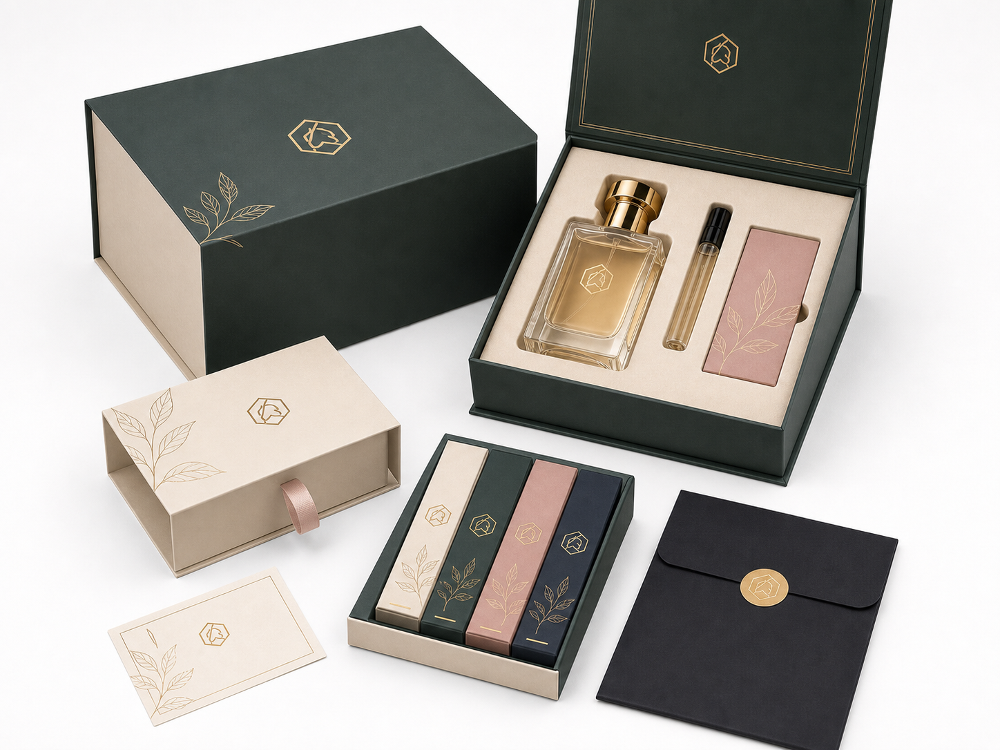 Custom fragrance launch packaging set with gift box sample vials card and sleeve