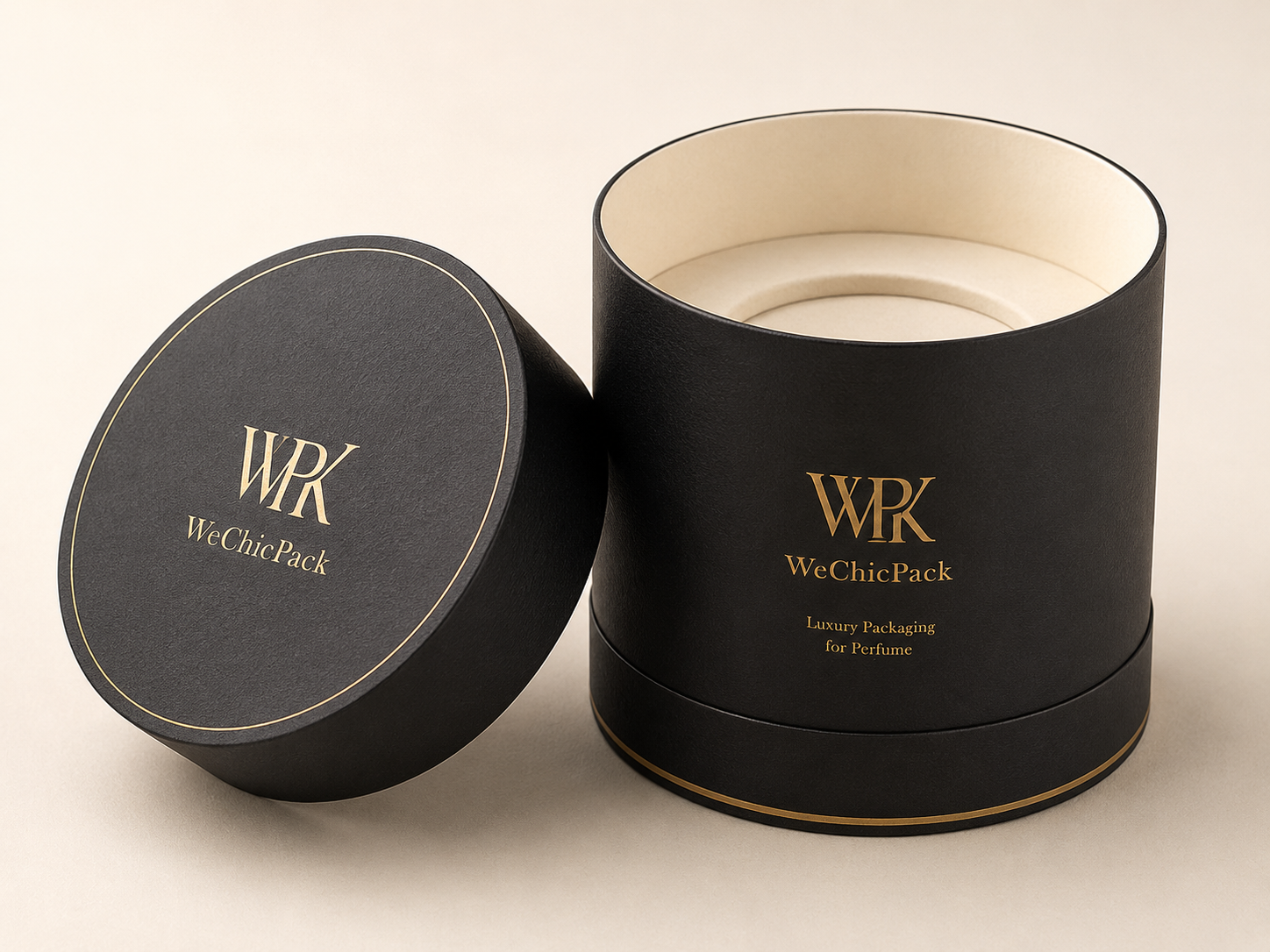 Round cylinder perfume tube box with black and gold finish