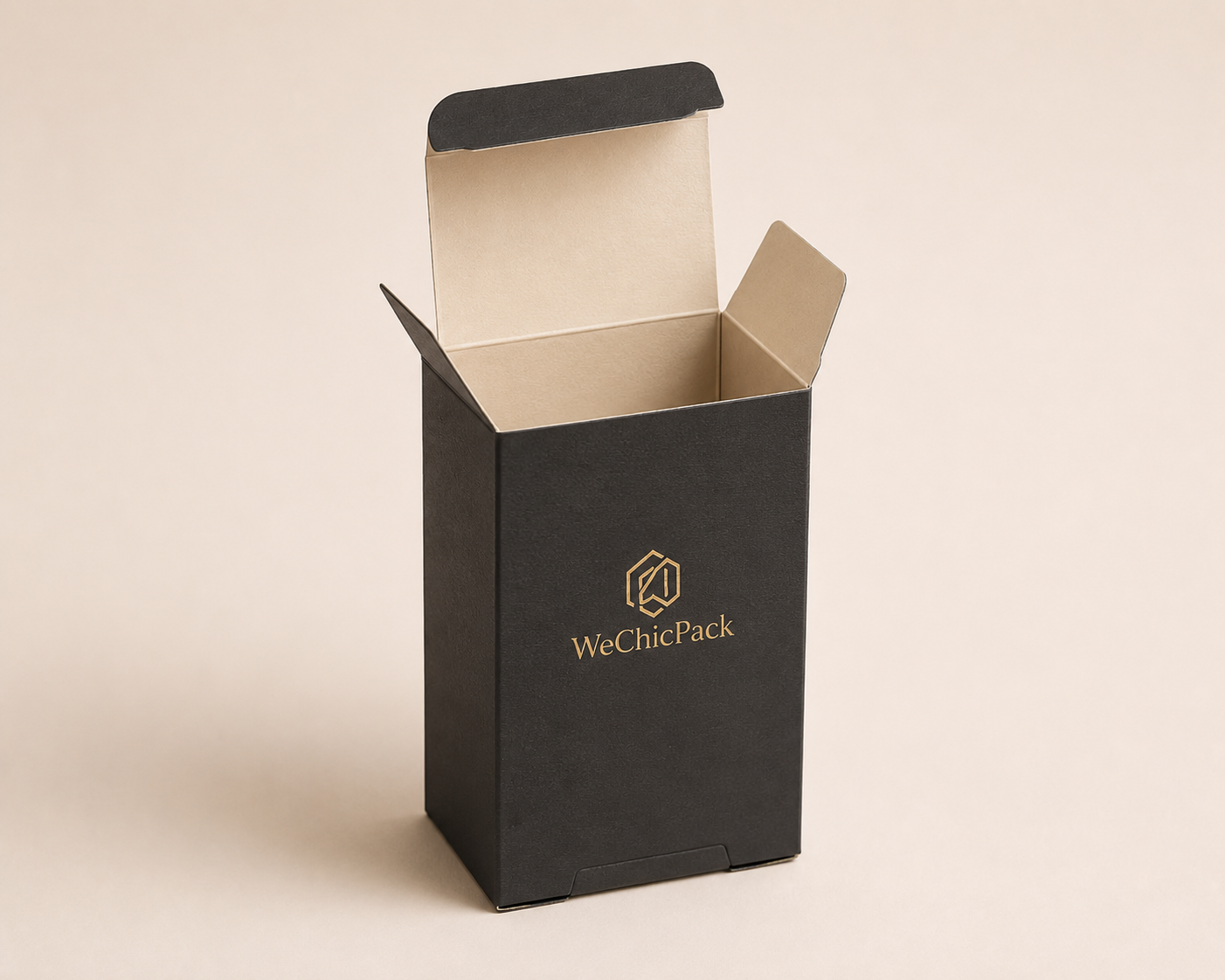 Black folding carton perfume box with open top flaps