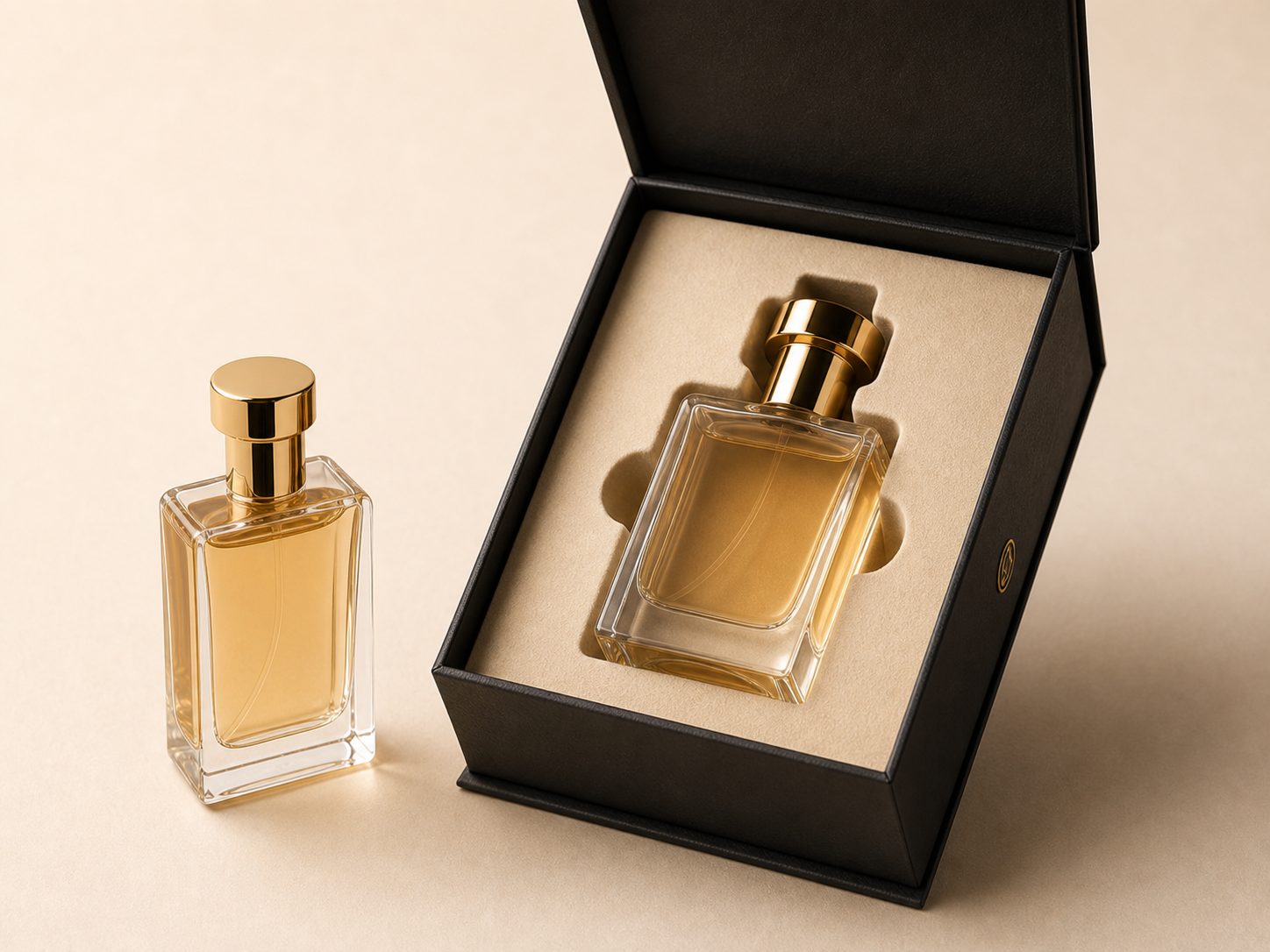 Perfume bottle with open rigid box and fitted EVA or velvet insert