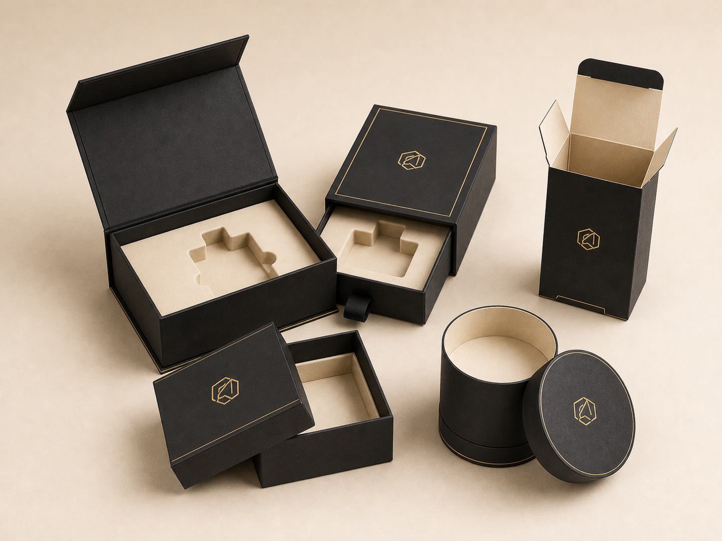 Multiple perfume box structures including magnetic drawer lid and base cylinder and folding carton boxes