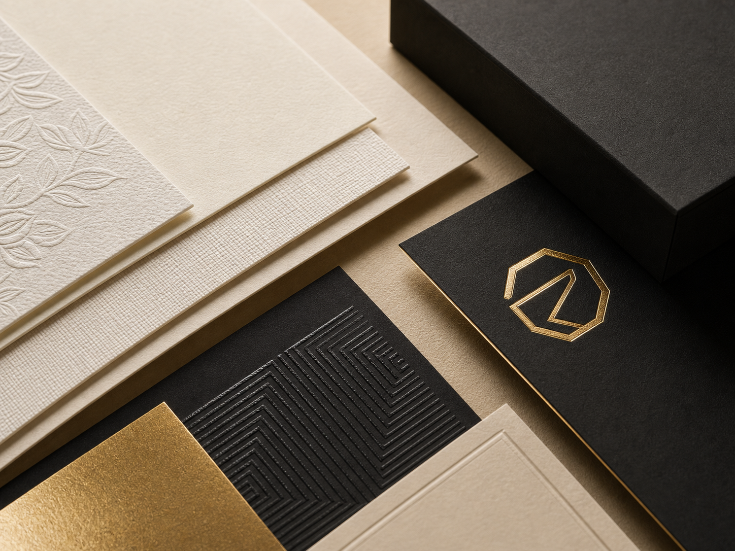 Perfume packaging material swatches with foil stamping embossing and soft touch finishes
